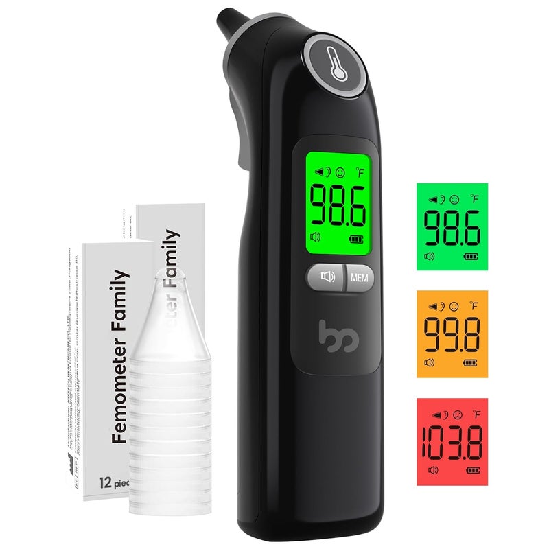 Femometer Ear Thermometer, Highly Accurate Ear Thermometer for Kids, Adults and Babies, 30 Memory Recall, 1s Result and 3-Color Fever Alert, with 24 Disposable Probe Covers, Black - Image 1